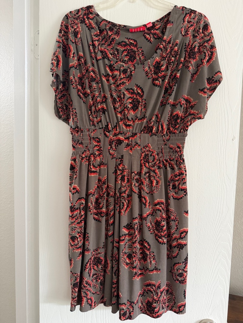 Elle Gray Mini Dress with Red and Black abstract Floral Print